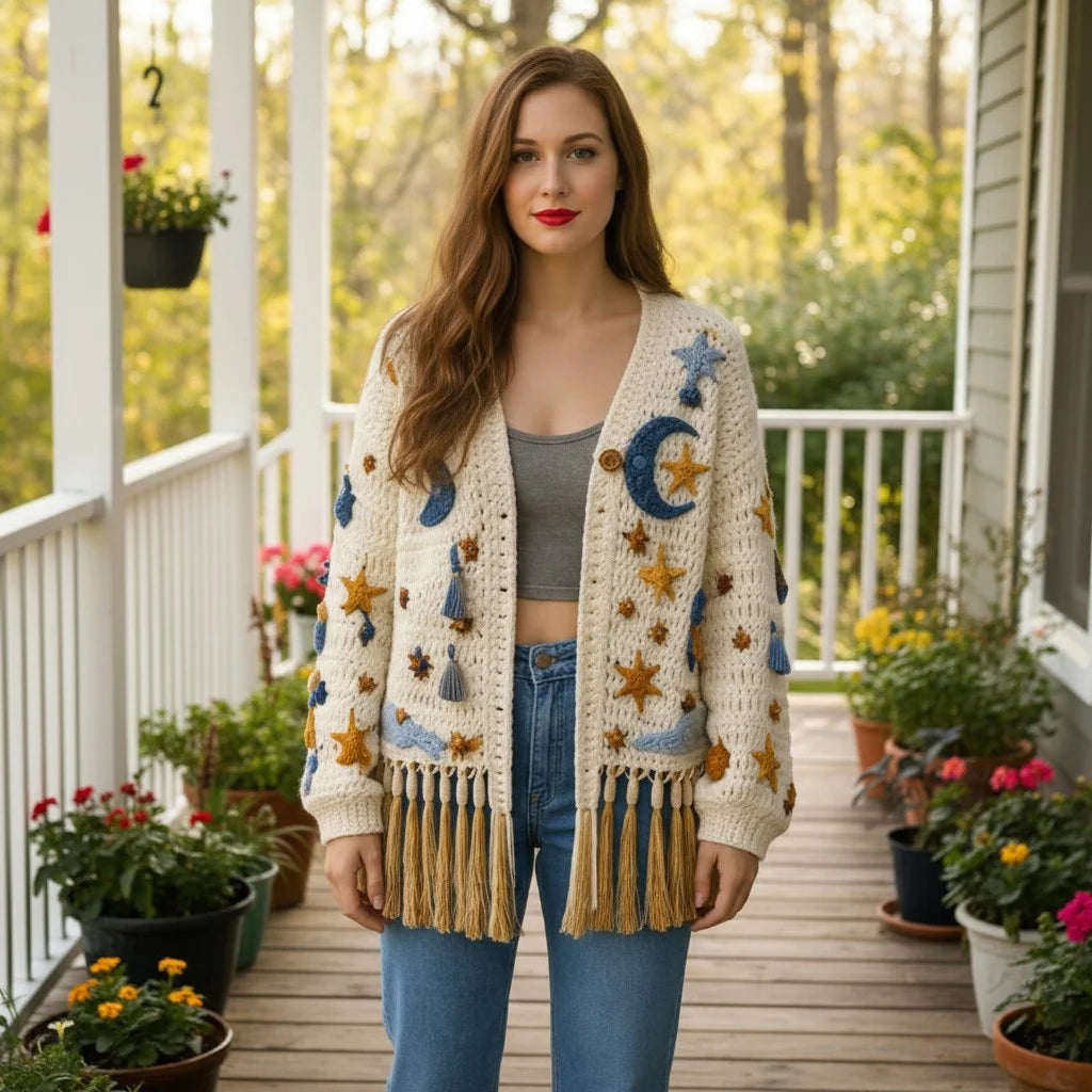 crochet cardigan women celestial boho fringe knit sweater