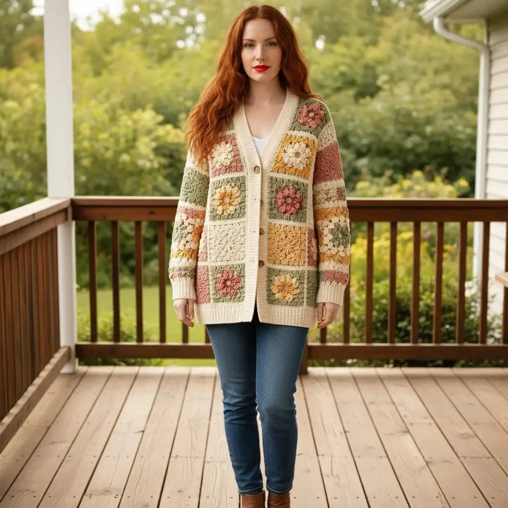 crochet cardigan women granny square boho knit sweater