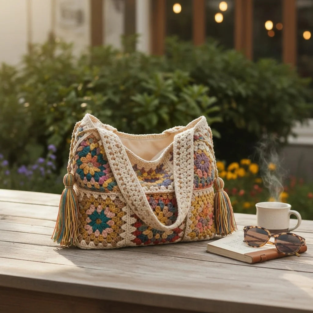 boho crochet shoulder bag granny square handmade tote purse