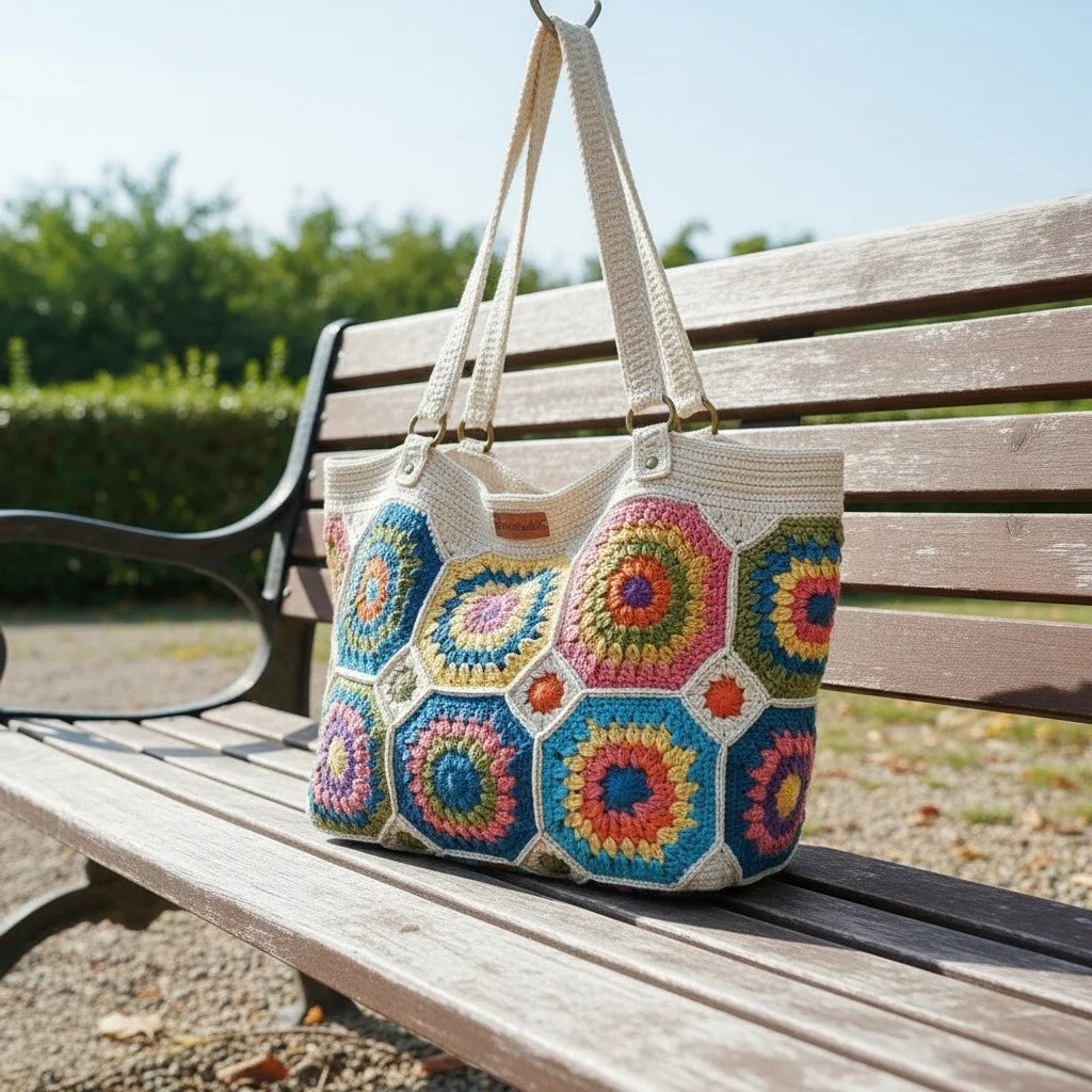 Crochet Granny Square Tote Bag - Knitted Shoulder Bag for Women