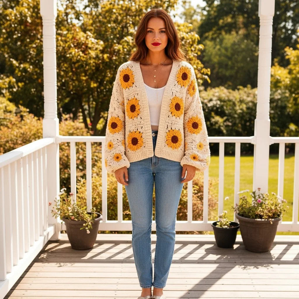 crochet cardigan women daisy floral boho knit