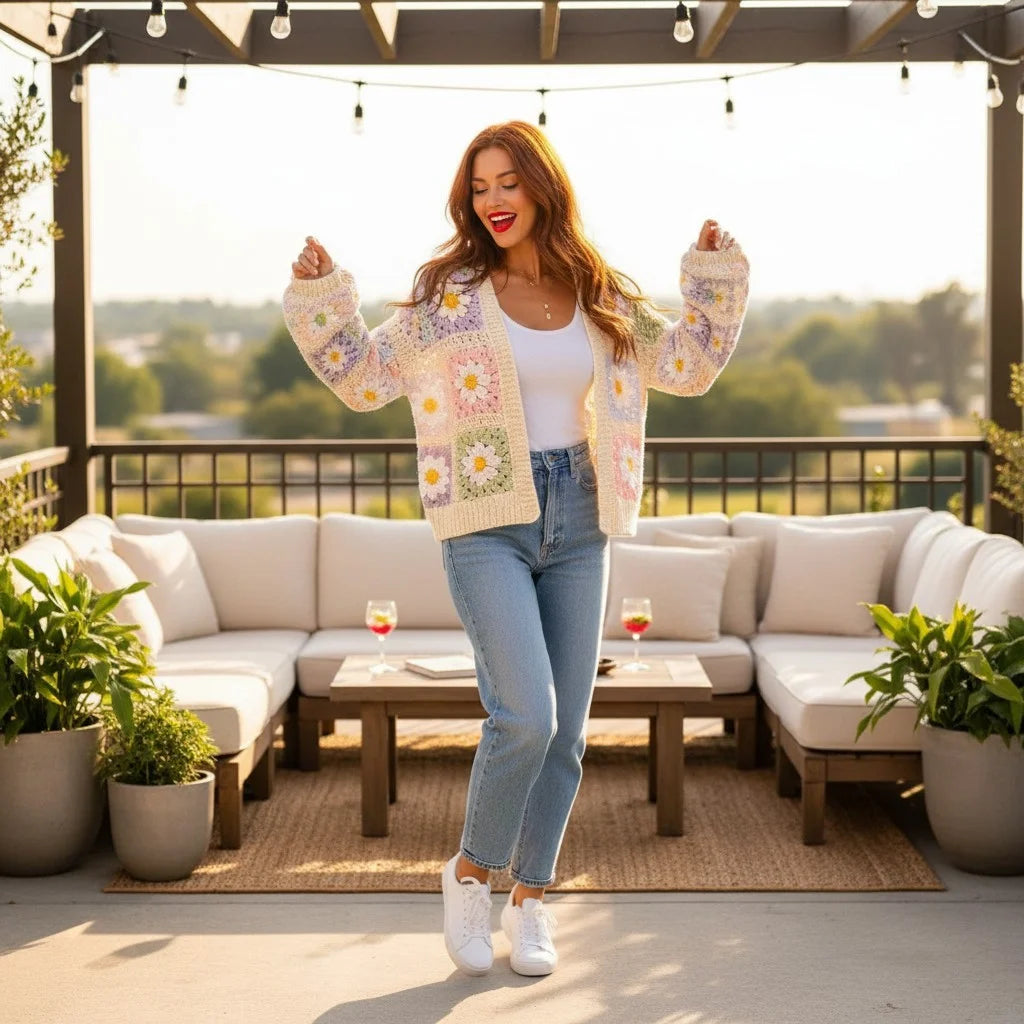 Daisy Crochet Cardigan – Women Handmade Floral Knit Sweater Outerwear