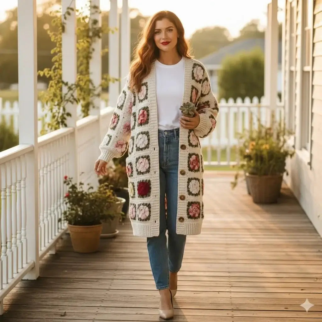 crochet cardigan women floral granny square long knit
