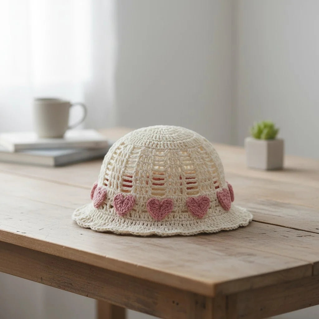 heart crochet bucket hat cute boho summer cap
