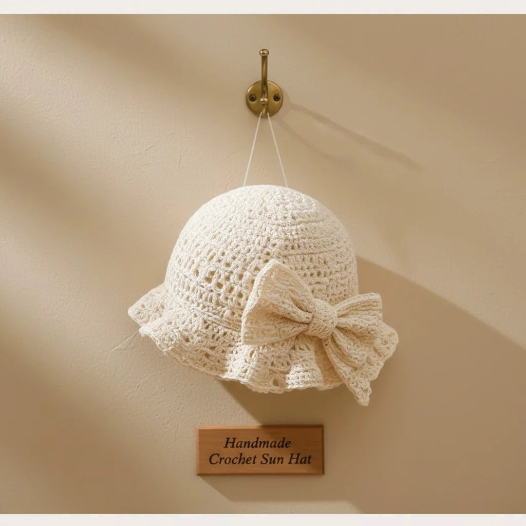 cream crochet bow bucket hat coquette summer crochet hat