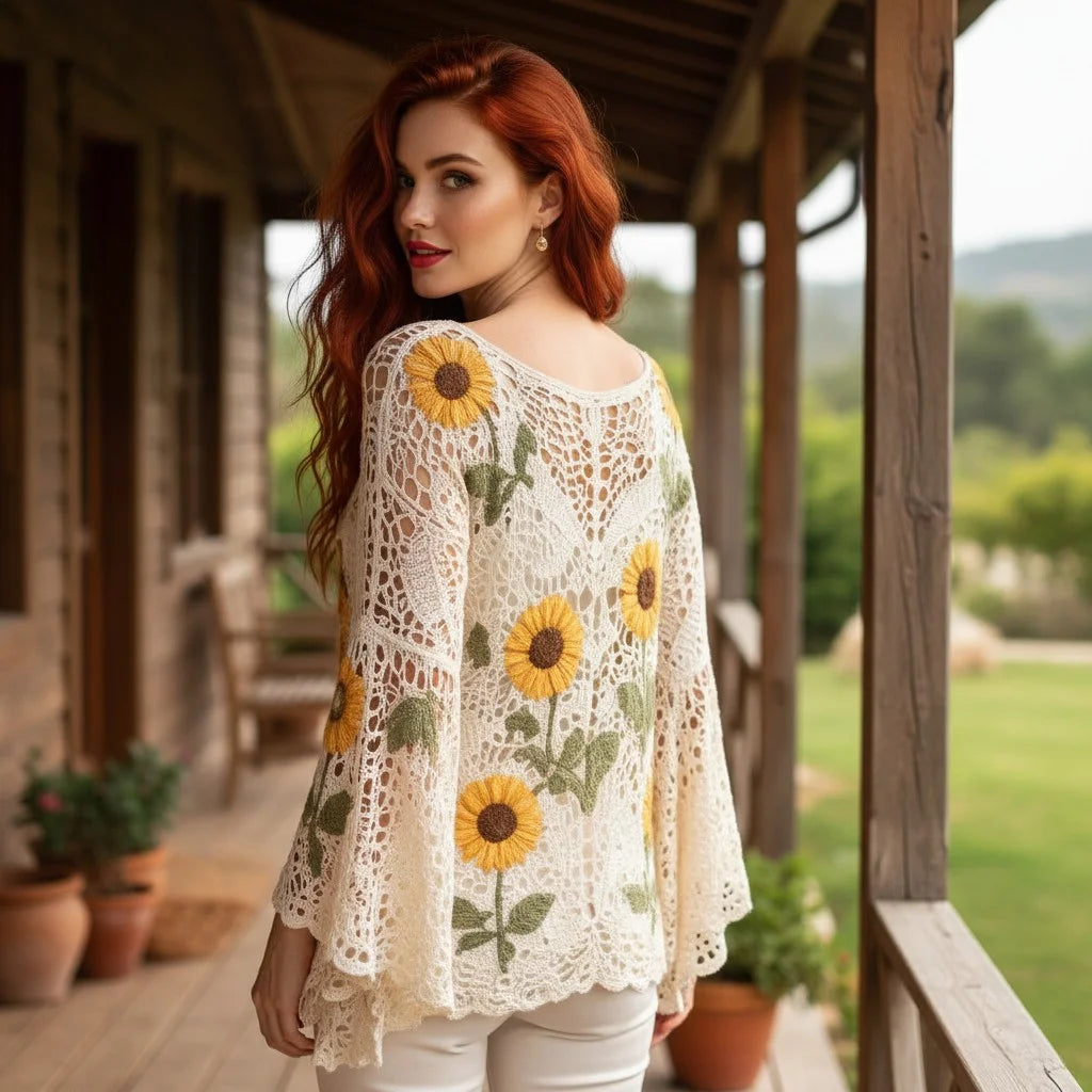 sunflower crochet sweater for women boho knit top with floral crochet detailing