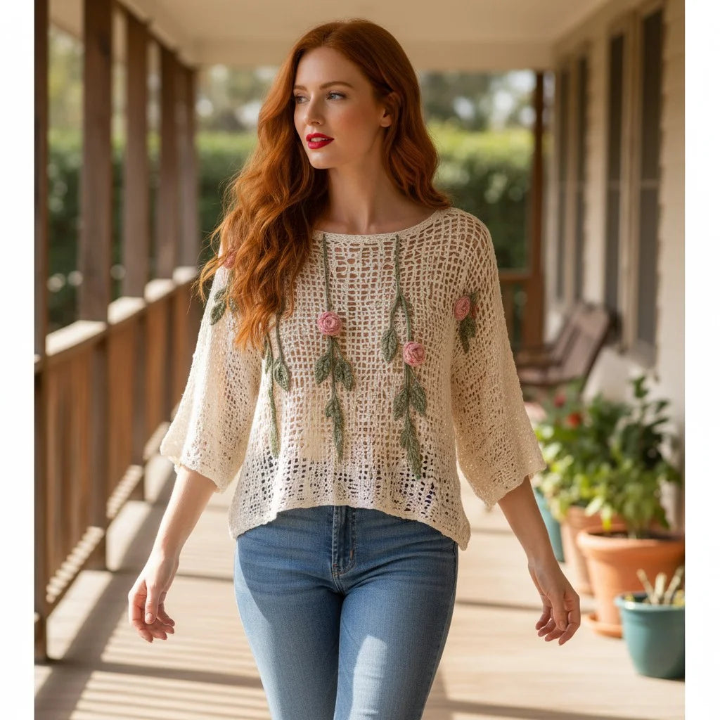 floral crochet knit sweater with rose detailing boho mesh pullover for women