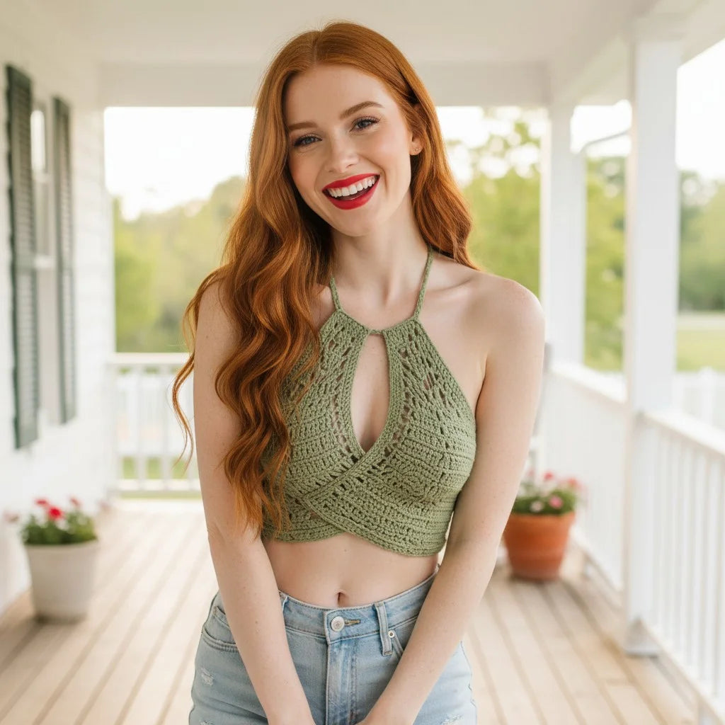 olive green crochet halter top handmade boho crop top