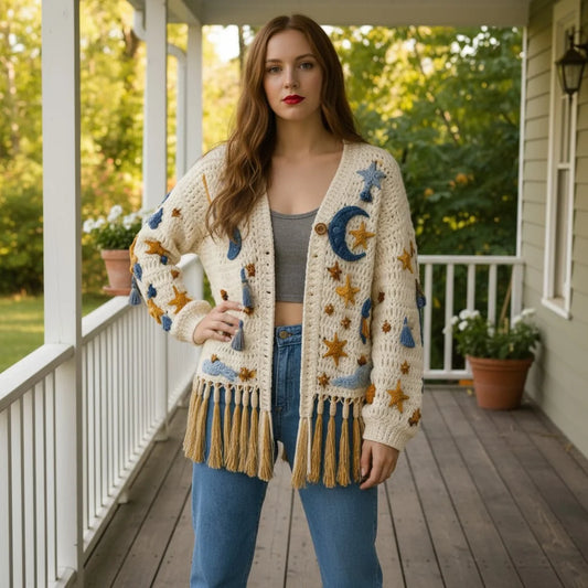 crochet cardigan women celestial boho fringe knit sweater