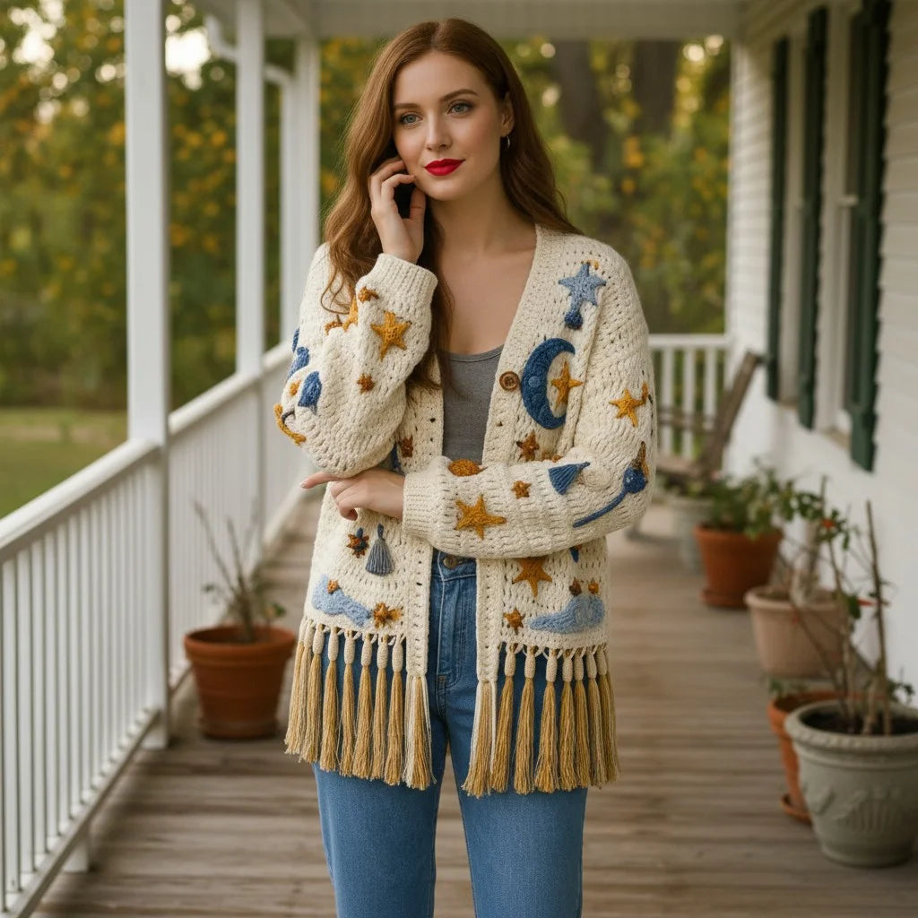crochet cardigan women celestial boho fringe knit sweater