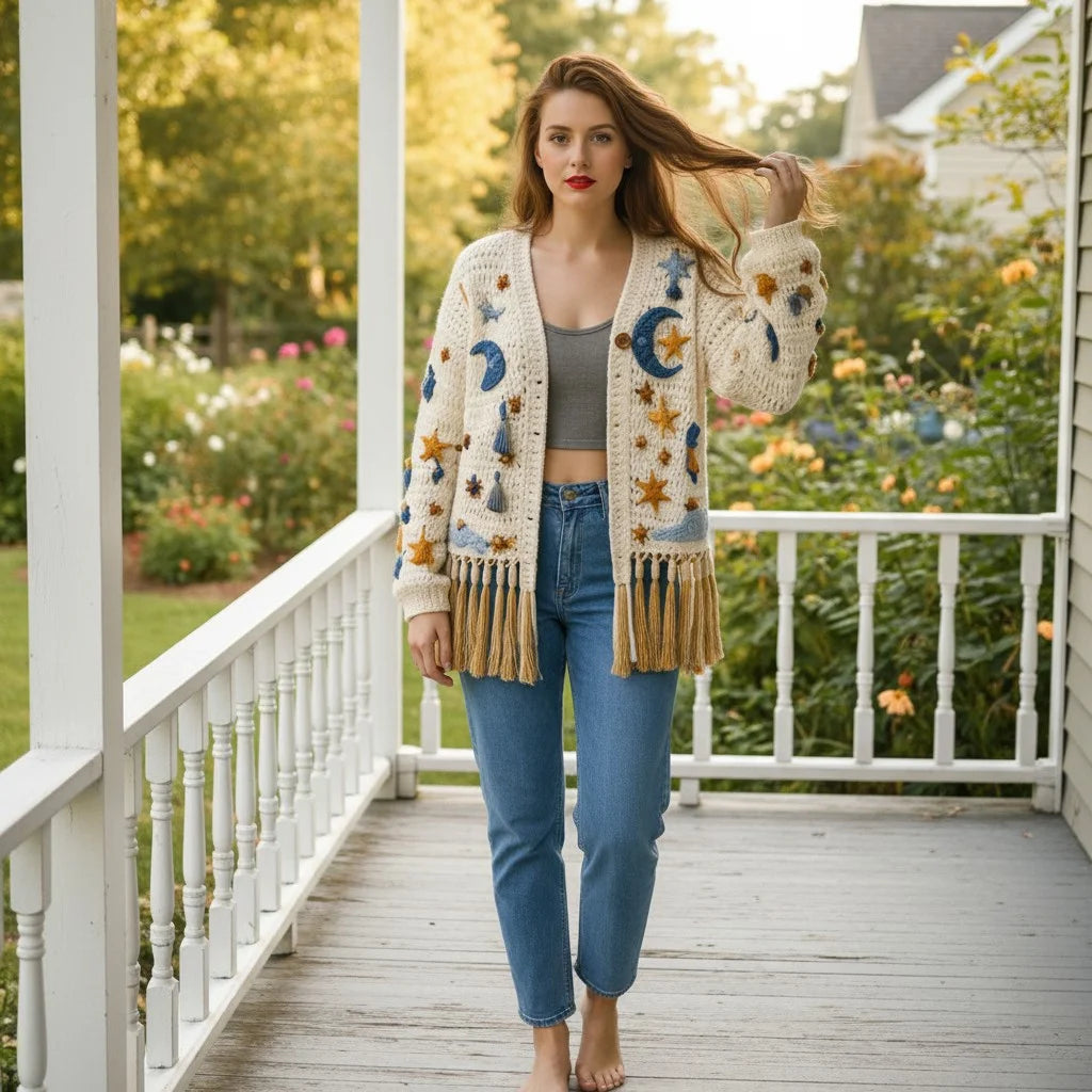 crochet cardigan women celestial boho fringe knit sweater