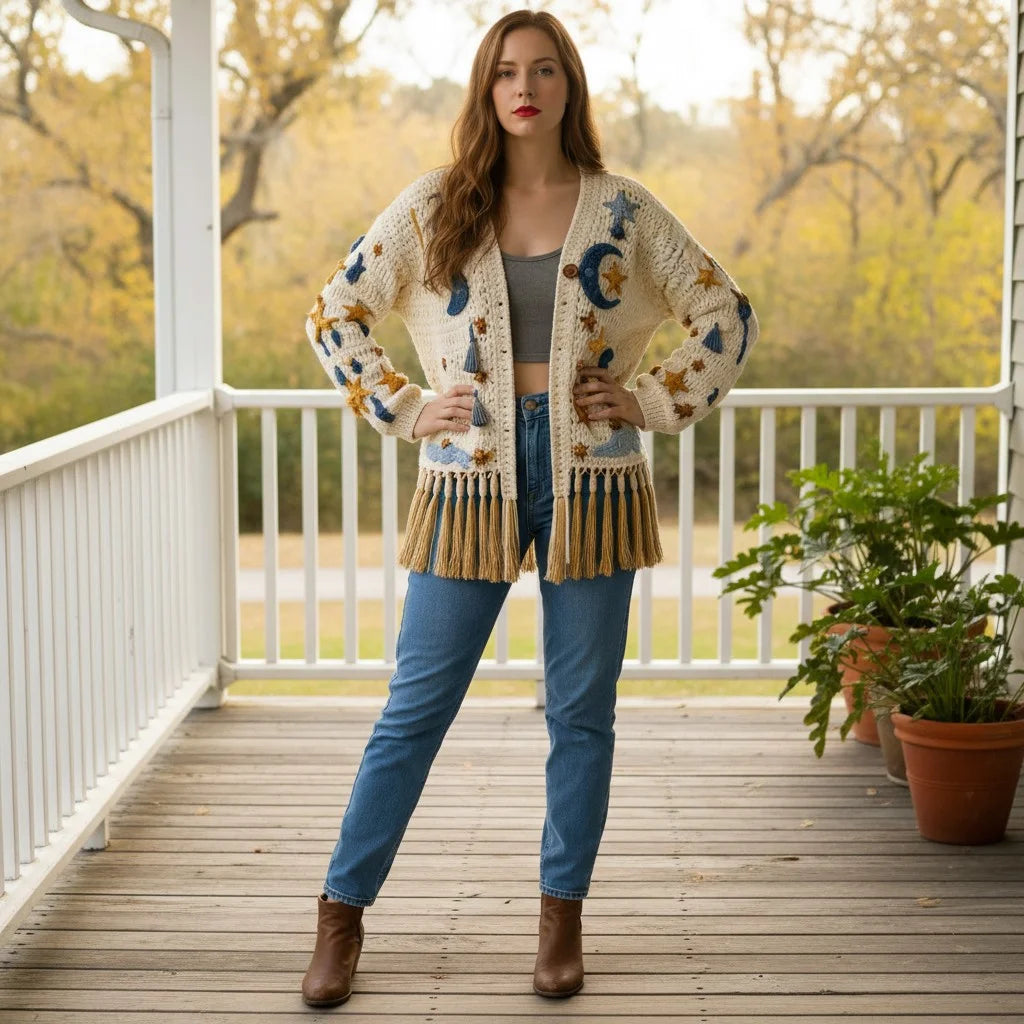 crochet cardigan women celestial boho fringe knit sweater
