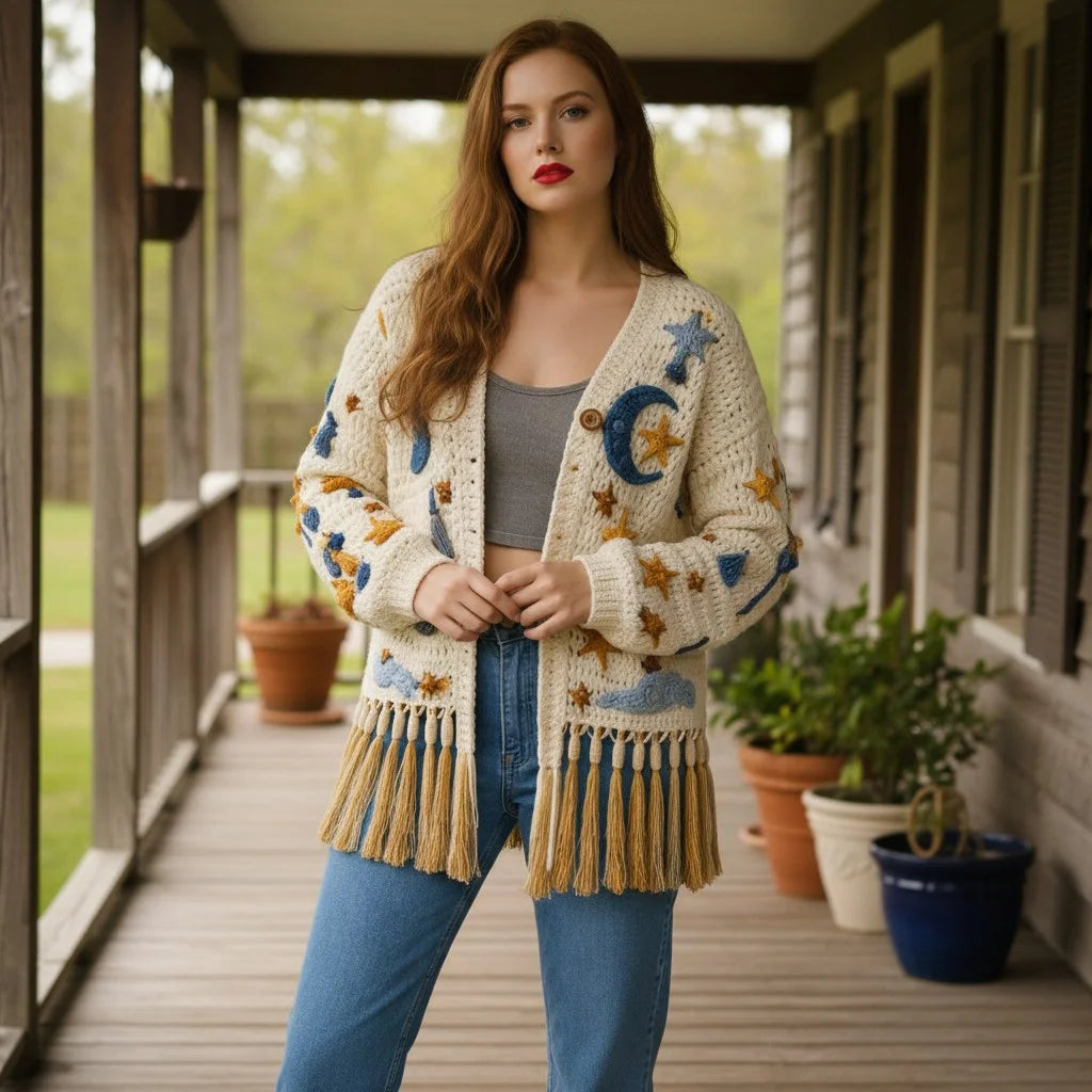 crochet cardigan women celestial boho fringe knit sweater