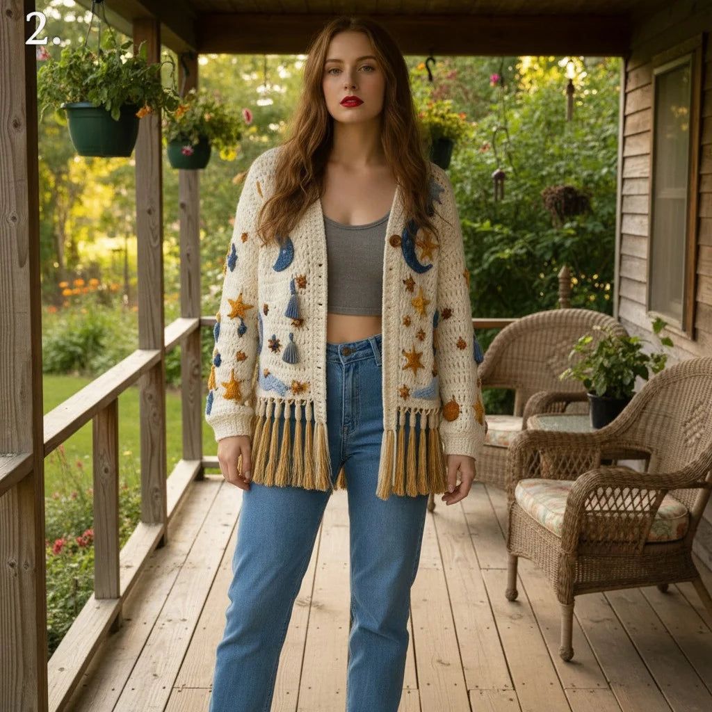 crochet cardigan women celestial boho fringe knit sweater