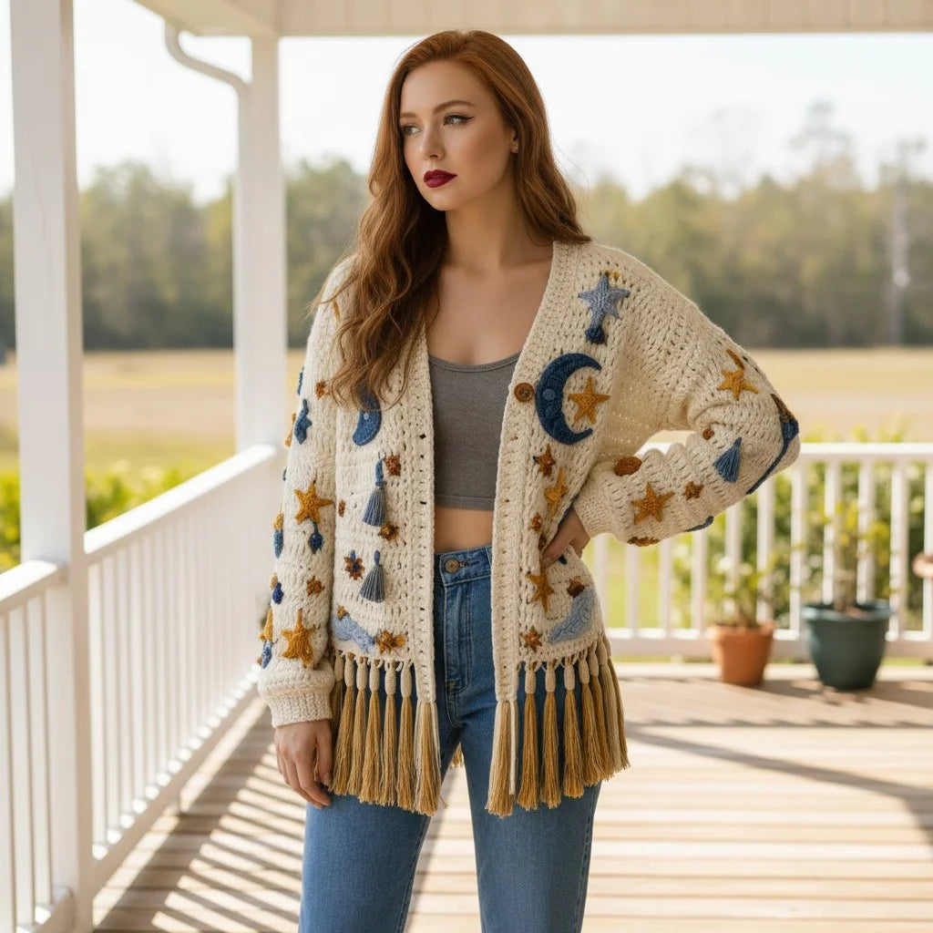 crochet cardigan women celestial boho fringe knit sweater