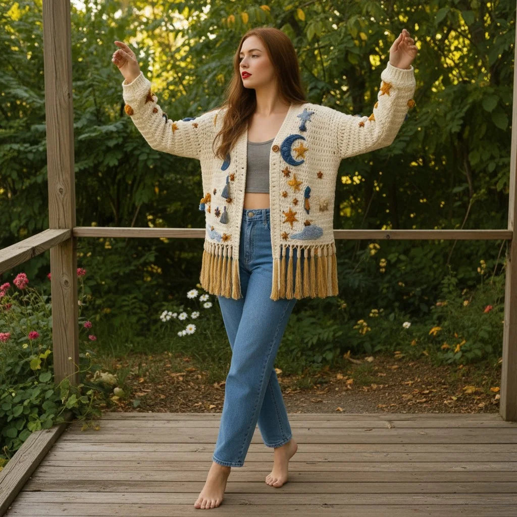 crochet cardigan women celestial boho fringe knit sweater