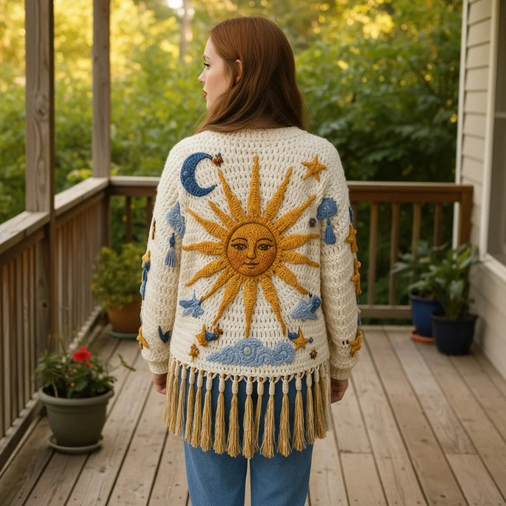 crochet cardigan women celestial boho fringe knit sweater