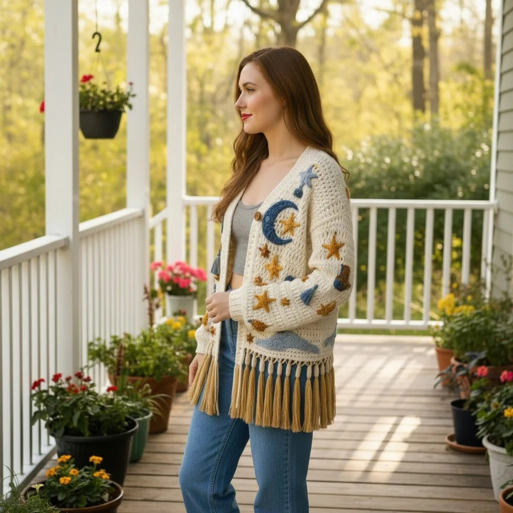crochet cardigan women celestial boho fringe knit sweater
