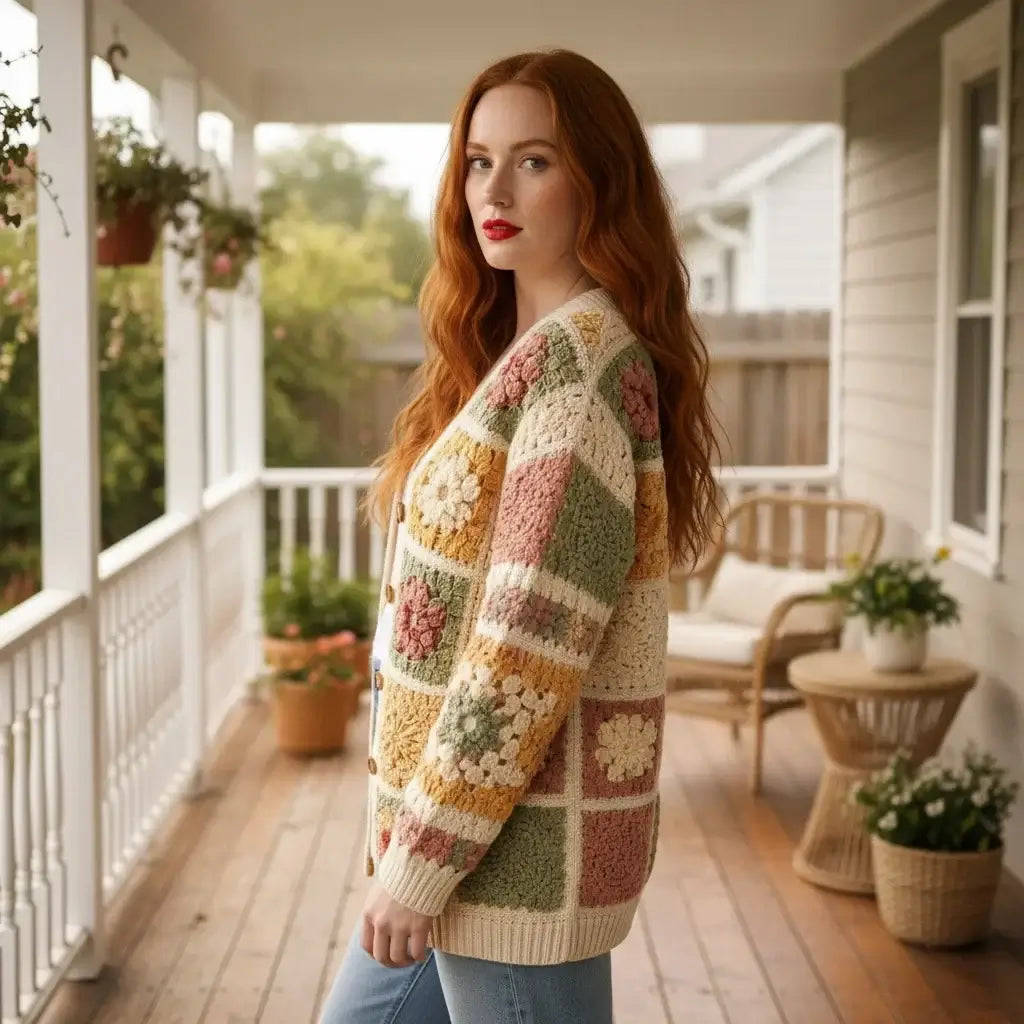 crochet cardigan women granny square boho knit sweater
