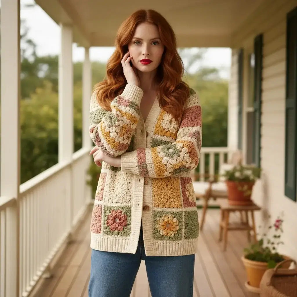 crochet cardigan women granny square boho knit sweater