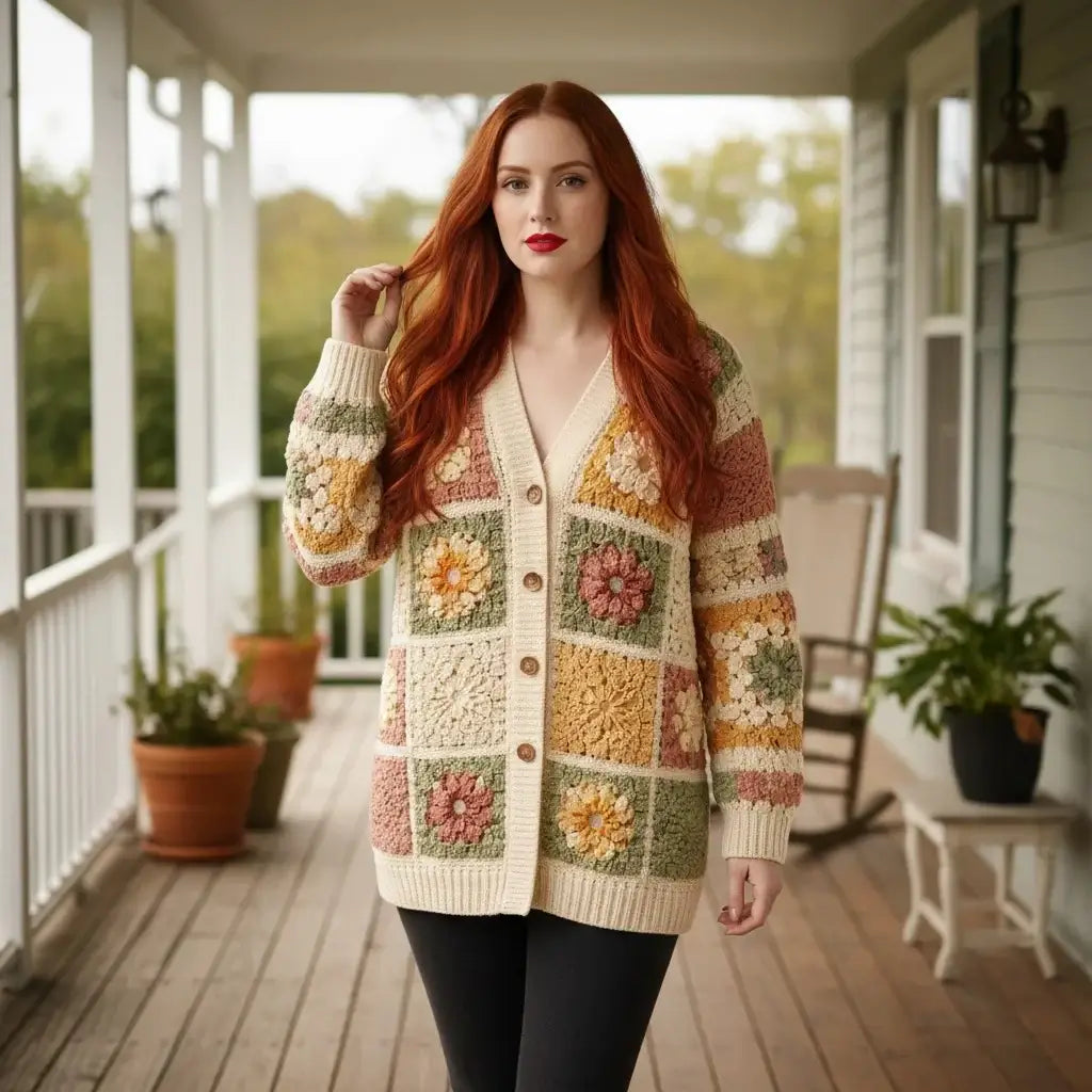 crochet cardigan women granny square boho knit sweater