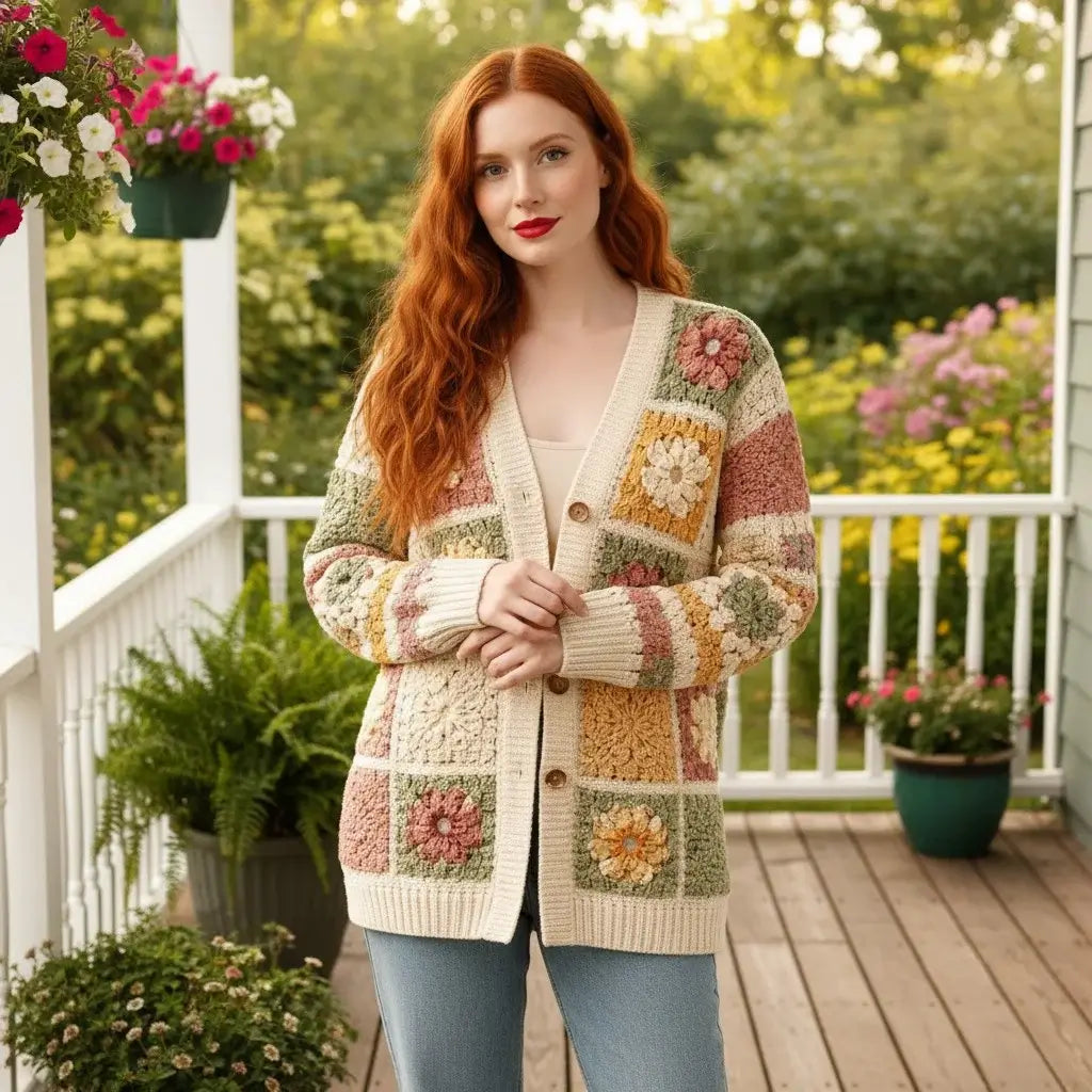 crochet cardigan women granny square boho knit sweater