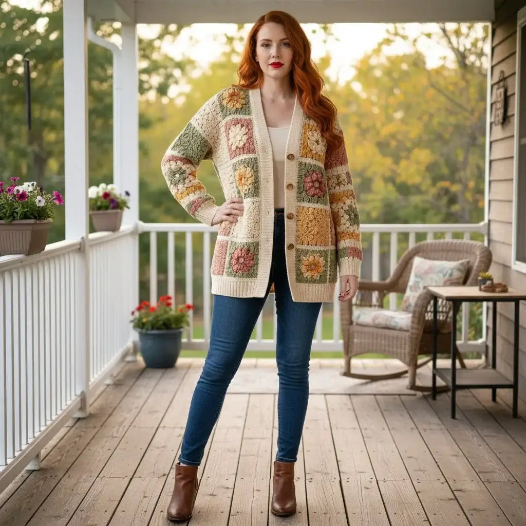 crochet cardigan women granny square boho knit sweater