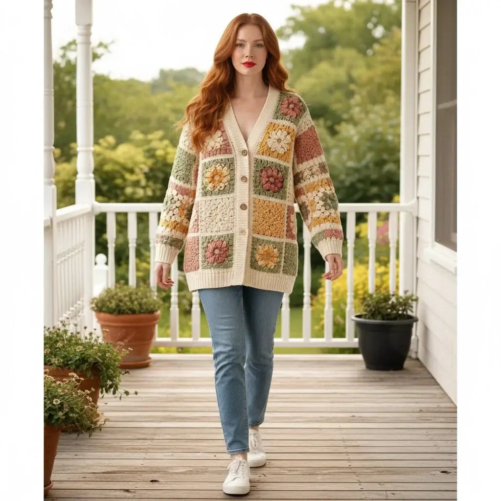 crochet cardigan women granny square boho knit sweater