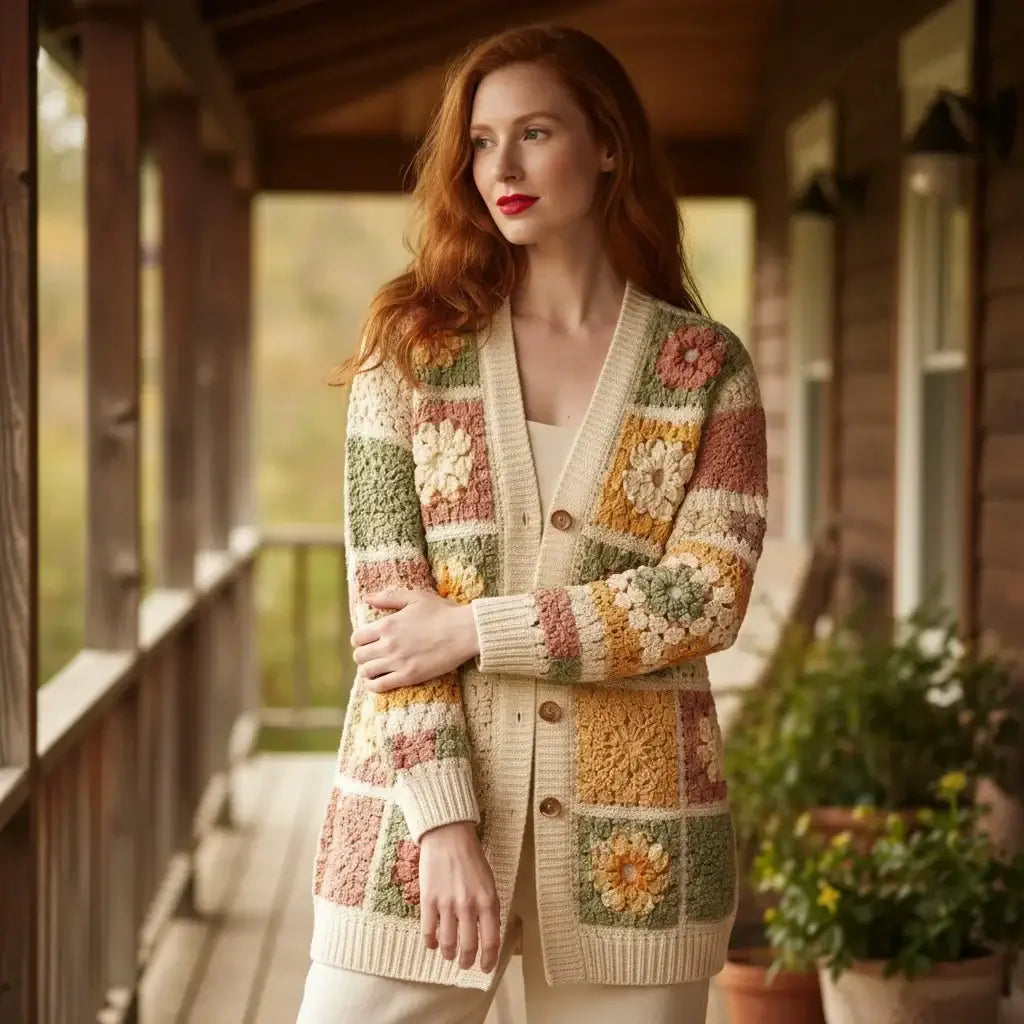 crochet cardigan women granny square boho knit sweater