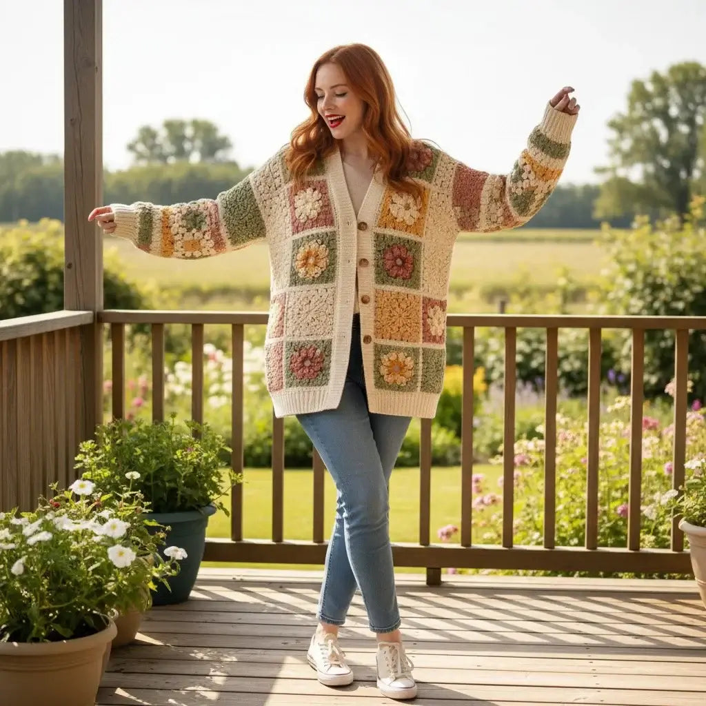crochet cardigan women granny square boho knit sweater