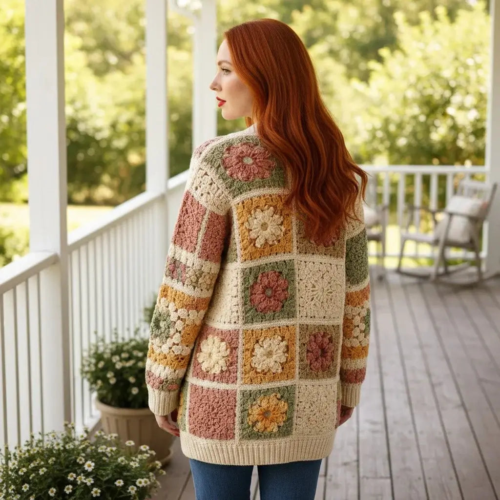crochet cardigan women granny square boho knit sweater