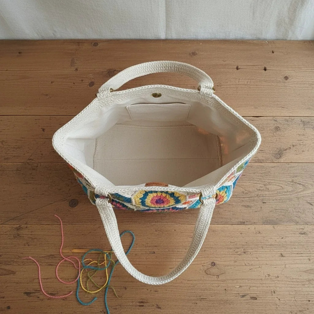 Interior view of Crochet Granny Square Tote Bag showcasing its colorful design and spacious interior.