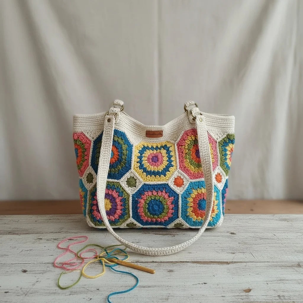 Crochet Granny Square Tote Bag featuring colorful hexagon patchwork design and sturdy shoulder straps.