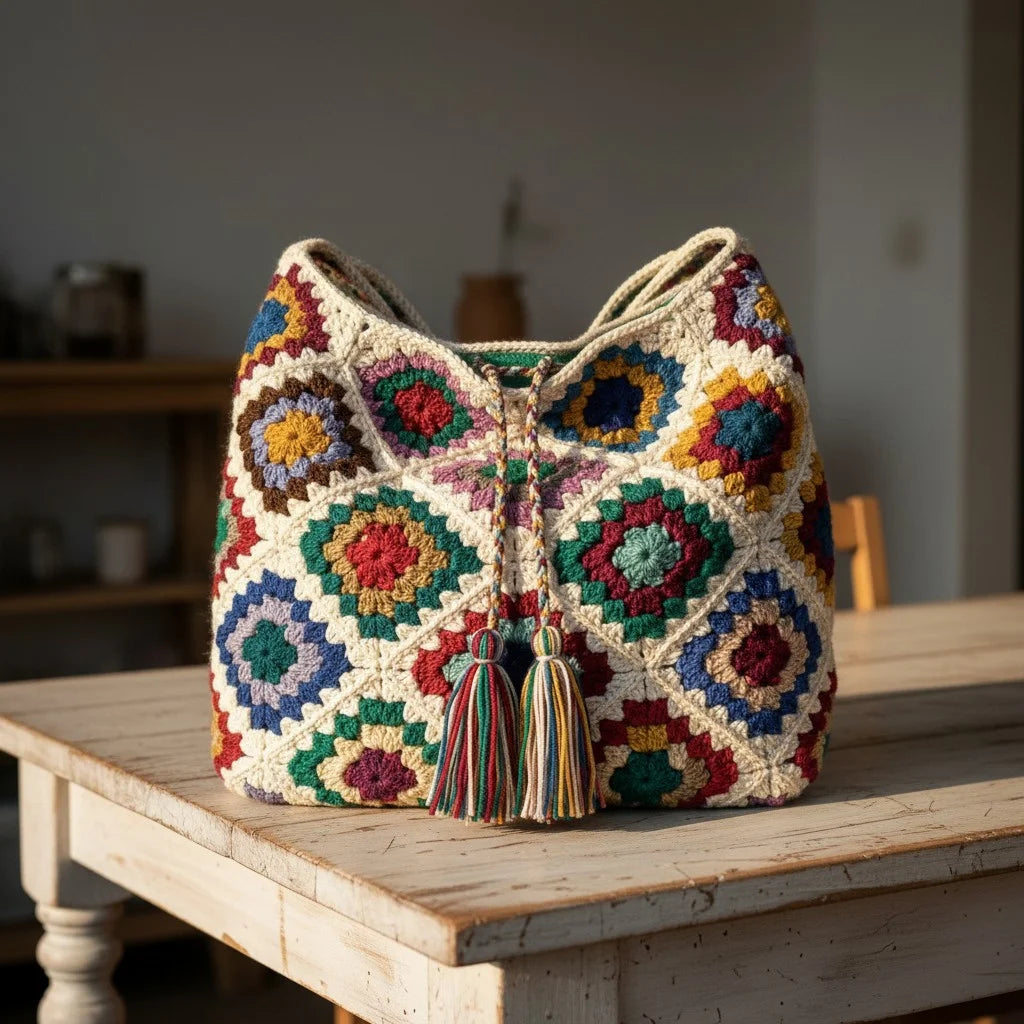 crochet patchwork bag colorful granny square boho handbag