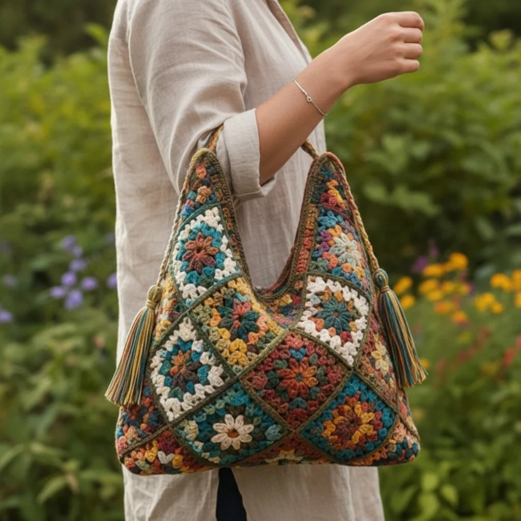 Boho Granny Square Tote – Crochet Patchwork Handbag