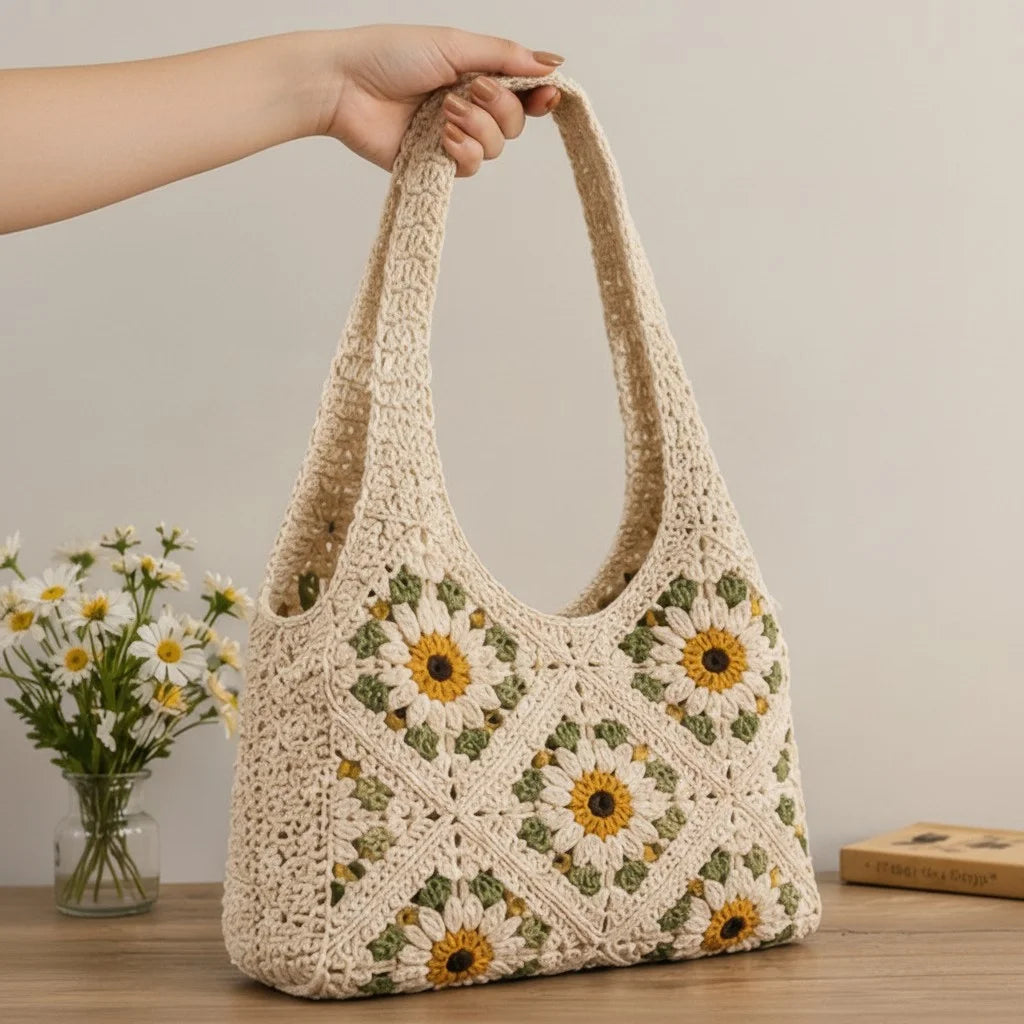 daisy crochet tote bag floral granny square shoulder handbag