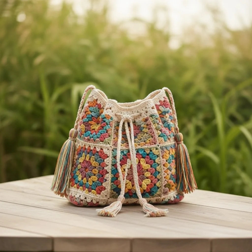 crochet bucket bag boho granny square handmade handbag