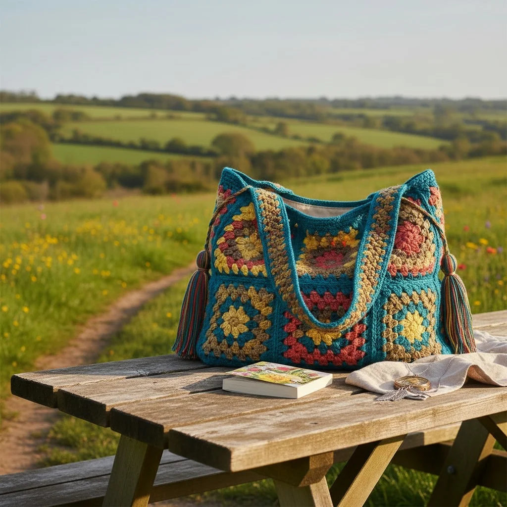 granny square tote bag colorful boho crochet shoulder handbag