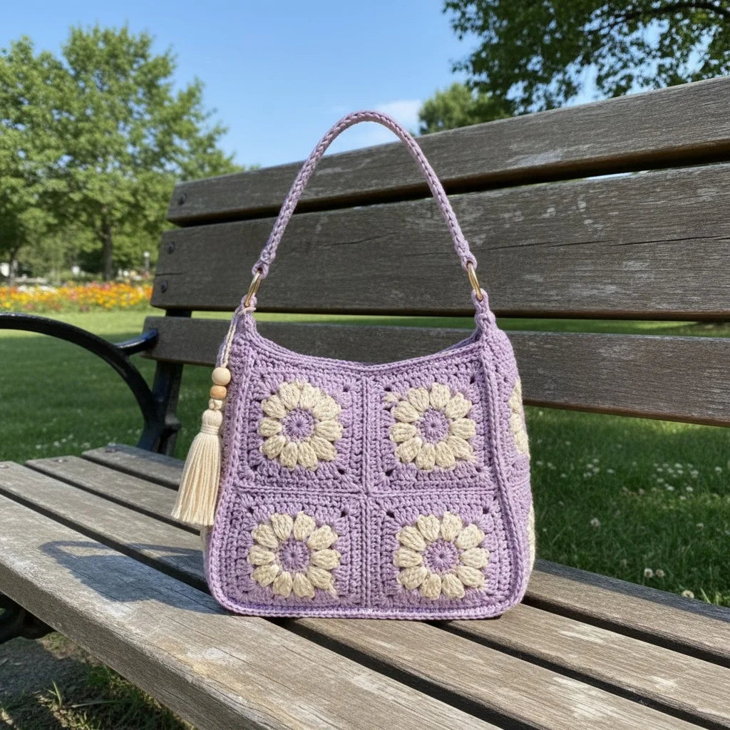 Crochet daisy bag women in lavender with floral granny square design on a table outdoors.