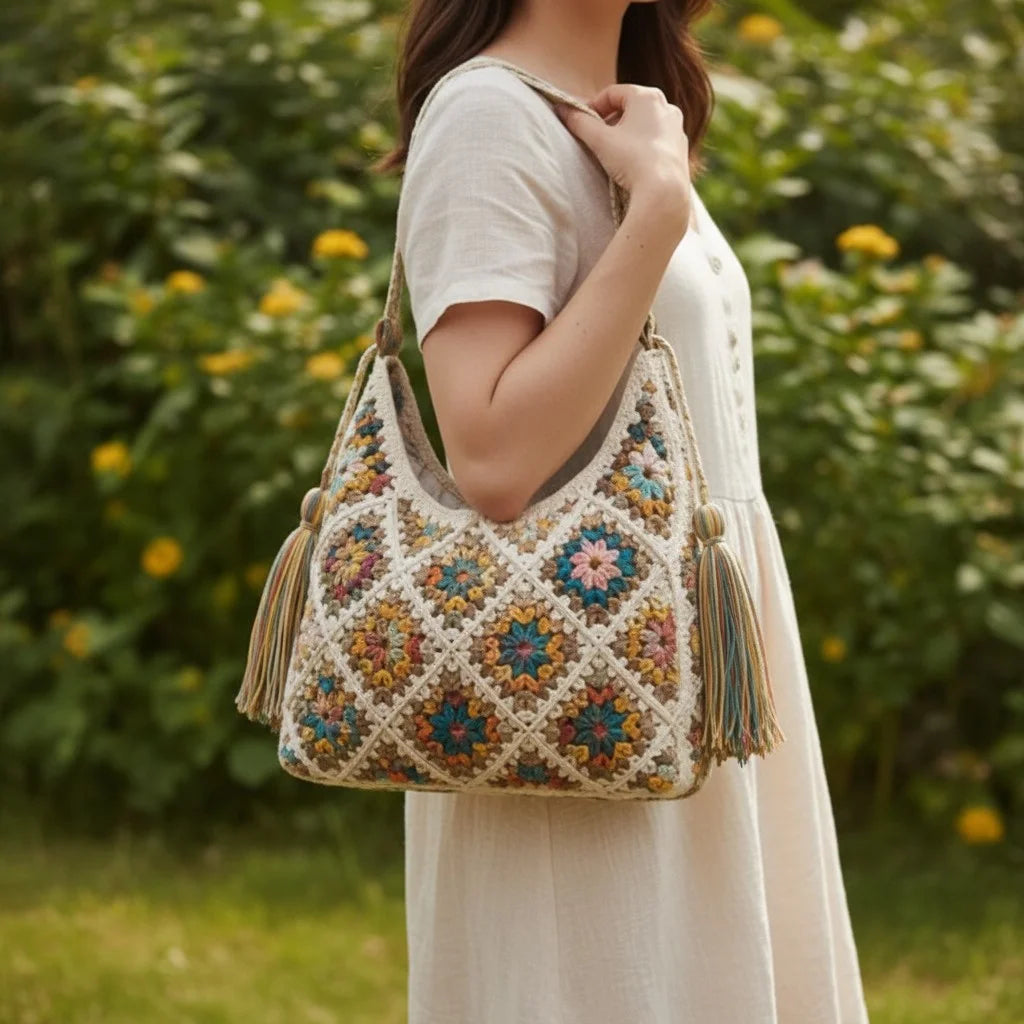 granny square crochet bag boho tassel shoulder tote