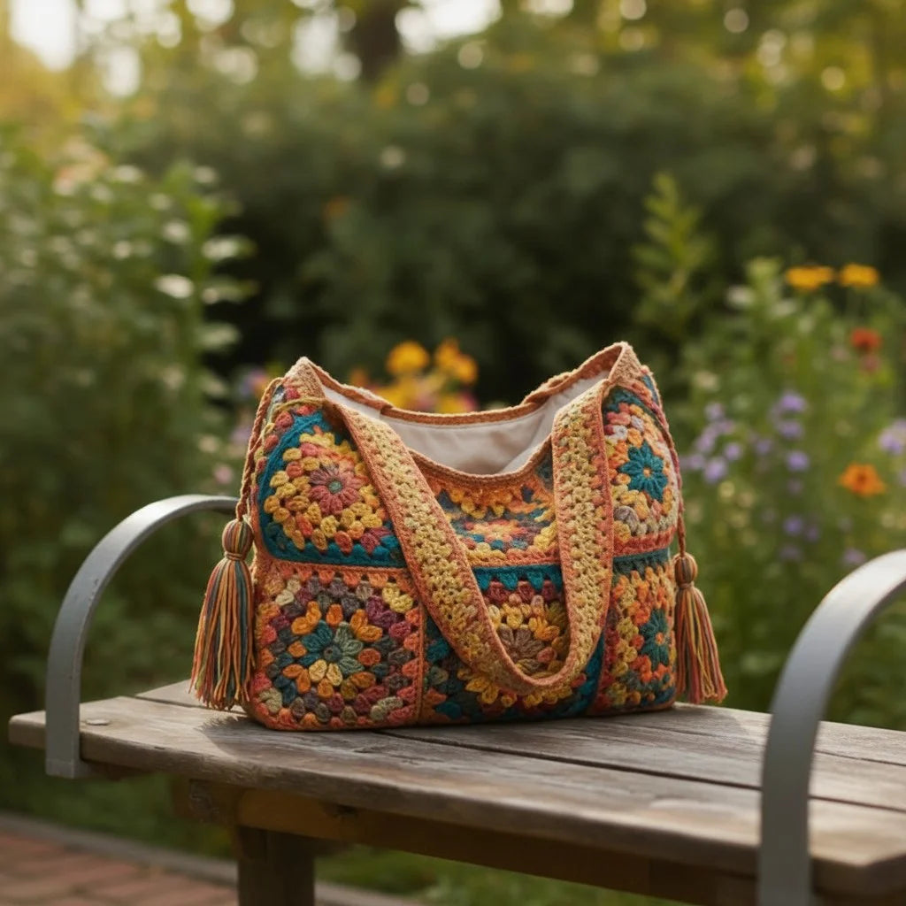 Vintage Crochet Tote Bag – Boho Granny Square Purse