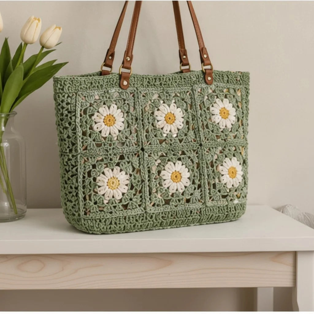 crochet tote bag women daisy granny square shoulder handbag