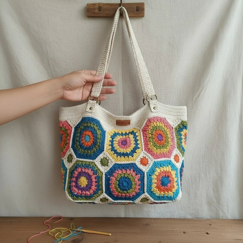 Crochet Granny Square Tote Bag showcasing a colorful boho hexagon patchwork design, perfect for women.