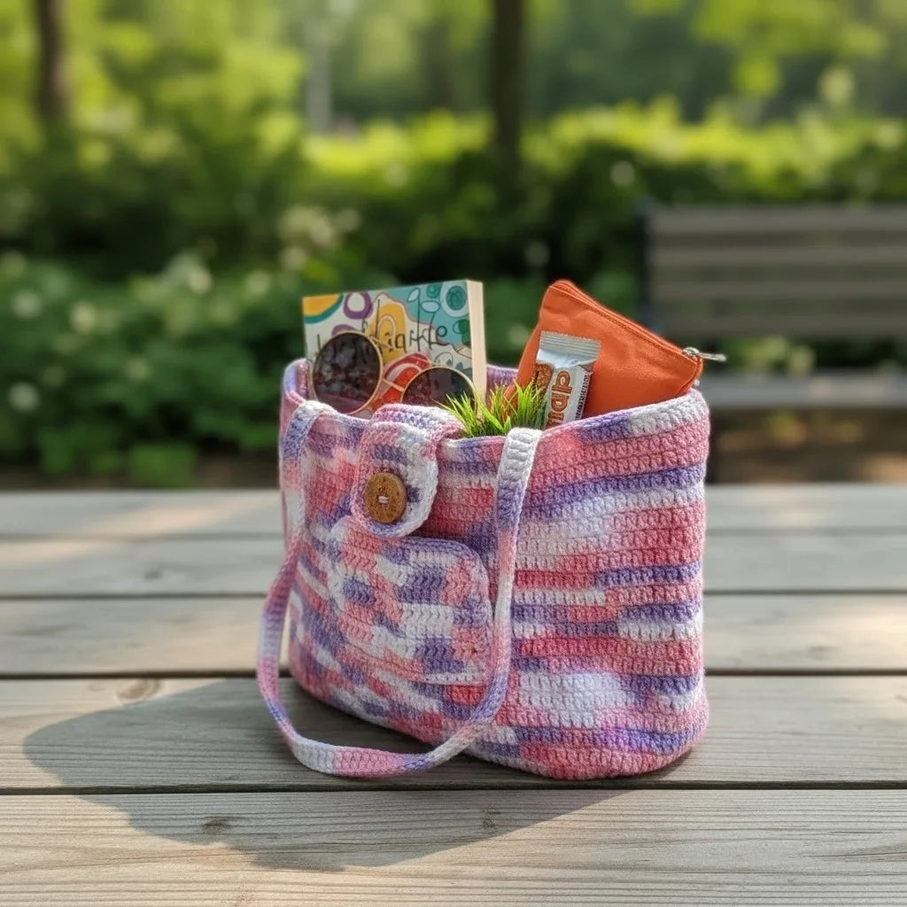 striped crochet tote bag pastel knitted shoulder handbag