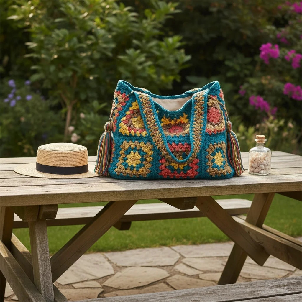 granny square tote bag colorful boho crochet shoulder handbag