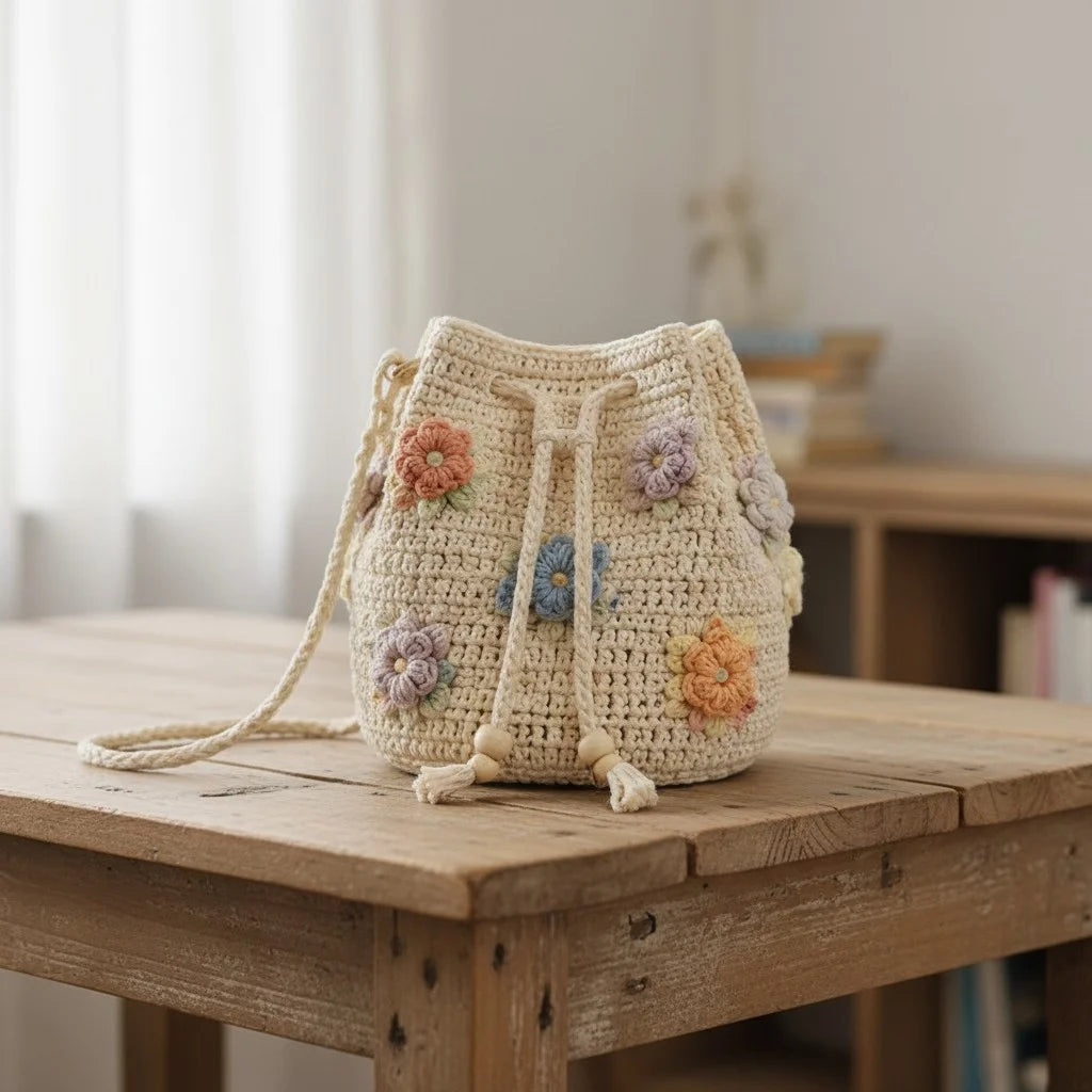crochet bucket bag women floral boho drawstring handbag