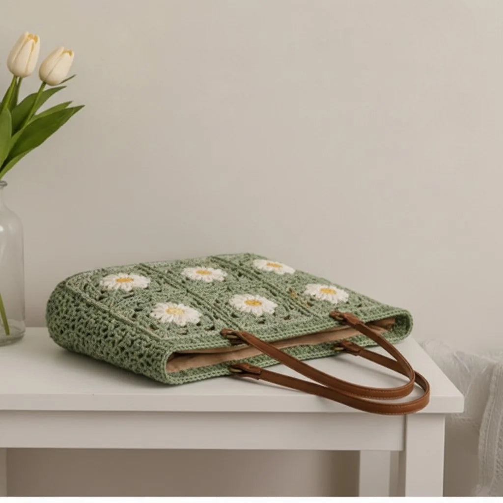 Crochet Tote Bag Women – Daisy Granny Square Shoulder Bag