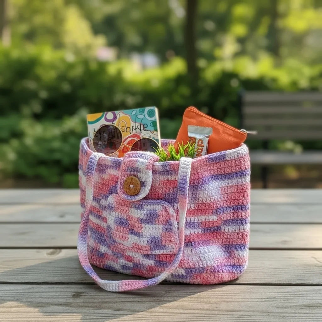 striped crochet tote bag pastel knitted shoulder handbag