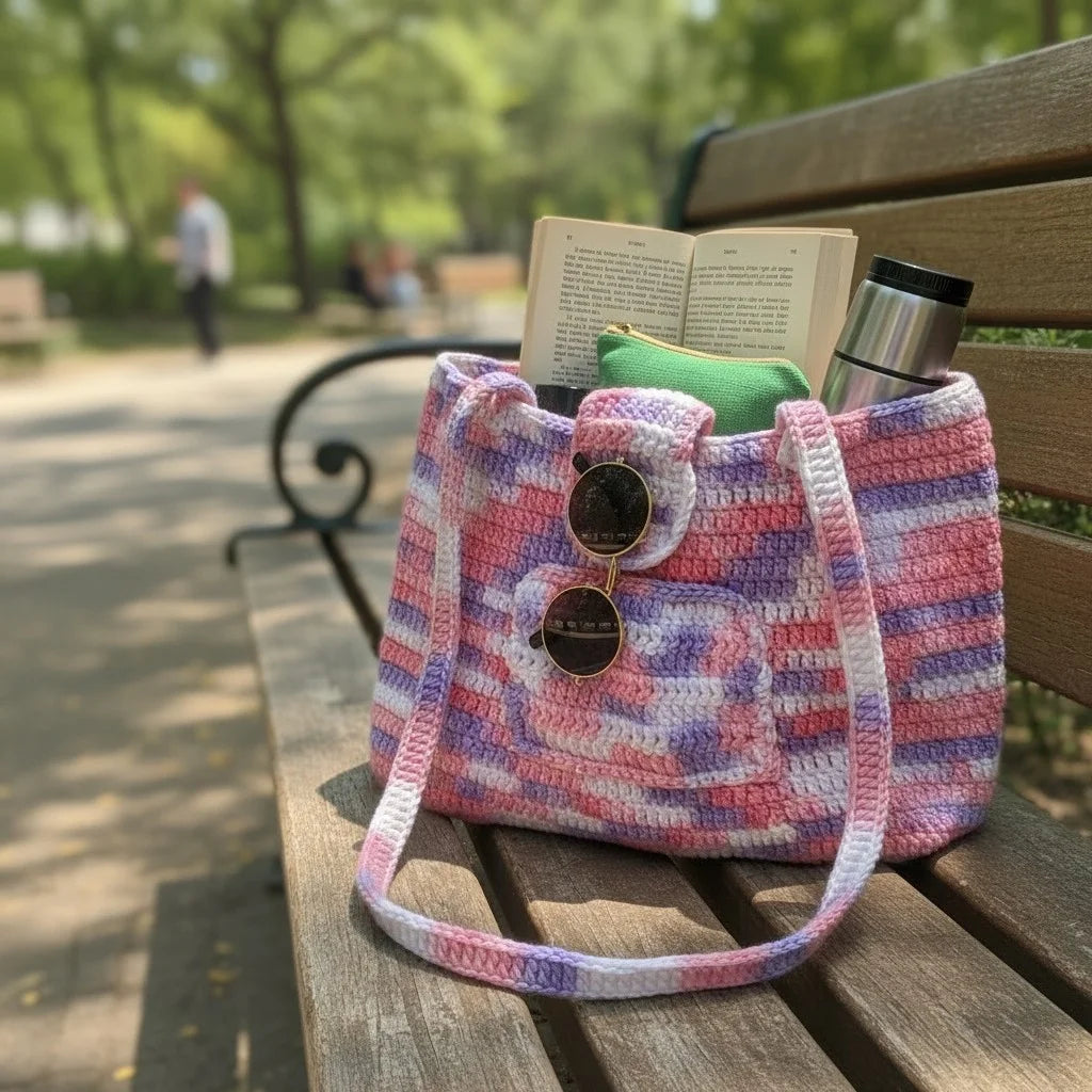 striped crochet tote bag pastel knitted shoulder handbag