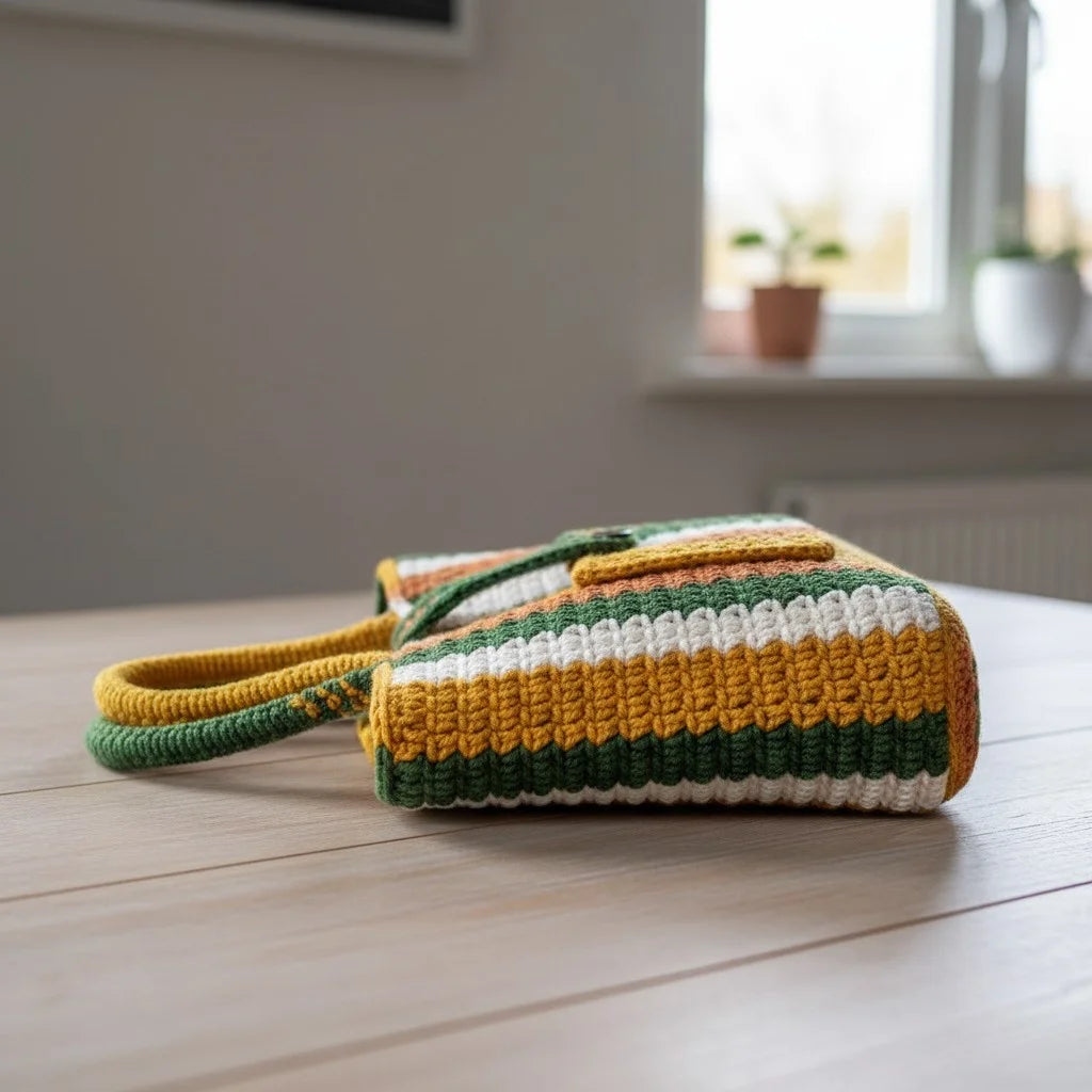 striped crochet tote bag boho knit shoulder handbag